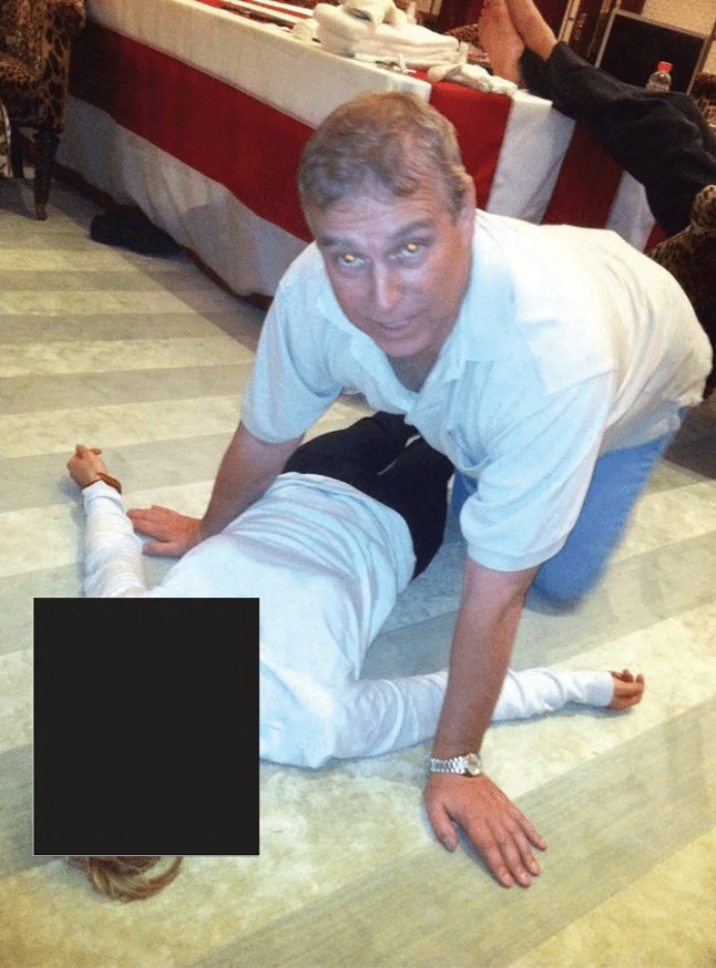 Britain's Prince Andrew kneels over a female in this image released by the Department of Justice in Washington, D.C., U.S., on January 30, 2026 as part of a new trove of documents from its investigations into the late financier and convicted sex offender Jeffrey Epstein. U.S. Justice Department/Handout via REUTERS THIS IMAGE HAS BEEN SUPPLIED BY A THIRD PARTY. REDACTED AREAS FROM SOURCE.