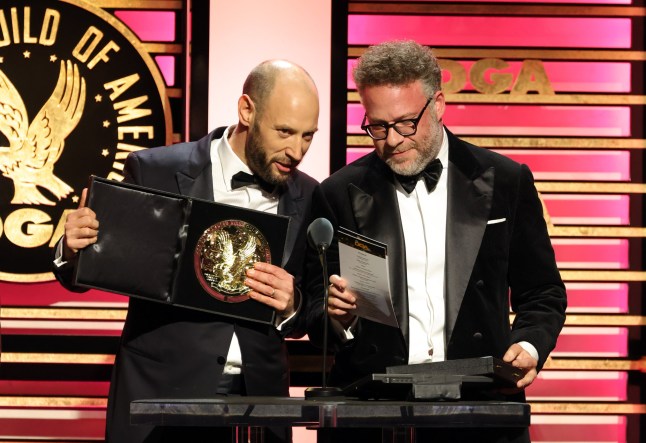 BEVERLY HILLS, CALIFORNIA - FEBRUARY 07: (L-R) Evan Goldberg and Seth Rogen accept the Outstanding Directorial Achievement in Comedy Series award for 