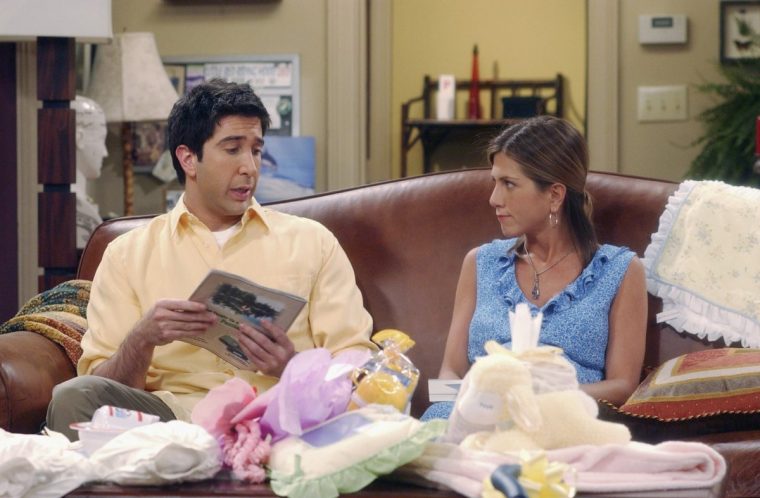 FRIENDS -- "The One With The Baby Shower"-- Episode 20 -- Aired 4/25/2002 -- Pictured (l-r): David Schwimmer as Ross Geller, Jennifer Aniston as Rachel Green -- Photo by: Danny Feld/NBCU Photo Bank