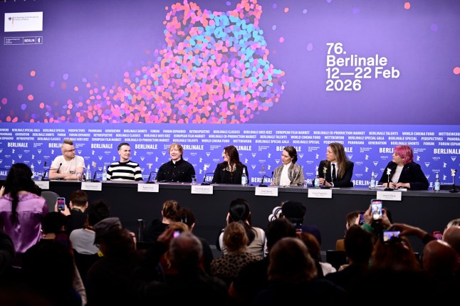 epa12739396 (L-R) Ilja Rautsi, Daniel Kuitunen, Rupert Grint, Hanna Bergholm, Seidi Haarla, Eicca Toppinen, and Jessica Kiang attend a press conference for 'Nightborn (Yon Lapsi)' during the 76th Berlin International Film Festival, in Berlin, Germany, 14 February 2026. The 76th Berlinale runs from 12 to 22 February 2026. EPA/FABIAN SOMMER