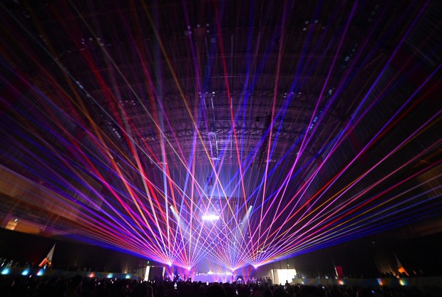 Lasers shoot across the ceiling of the Cow Palace as T-Pain takes the stage during Shaq's Funhouse in Daly City on Friday, Feb. 6, 2026. (Chris Riley/Times-Herald)