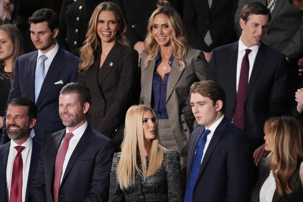 WASHINGTON, DC - FEBRUARY 24: Members of the Trump family including (top row L-R) Bettina Anderson, Lara Trump, Jared Kushner, (bottom row L-R) Donald Trump Jr., Eric Trump, Ivanka Trump, Barron Trump and Melania Trump attend the State of the Union address during a Joint Session of Congress at the U.S. Capitol on February 24, 2026, in Washington, DC. Trump delivered his address days after the Supreme Court struck down the administration's tariff strategy and amid a U.S. military buildup in the Persian Gulf threatening Iran. (Photo by Andrew Harnik/Getty Images)
