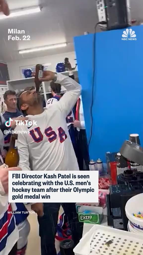 weirdo Kash Patel parties with Team USA’s Hockey Team after their gold medal win