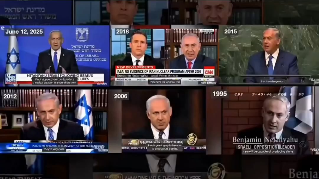 Timelapse of Benjamin Netanyahu over the last 30 years saying that “Iran is weeks to days away from a nuclear bomb”