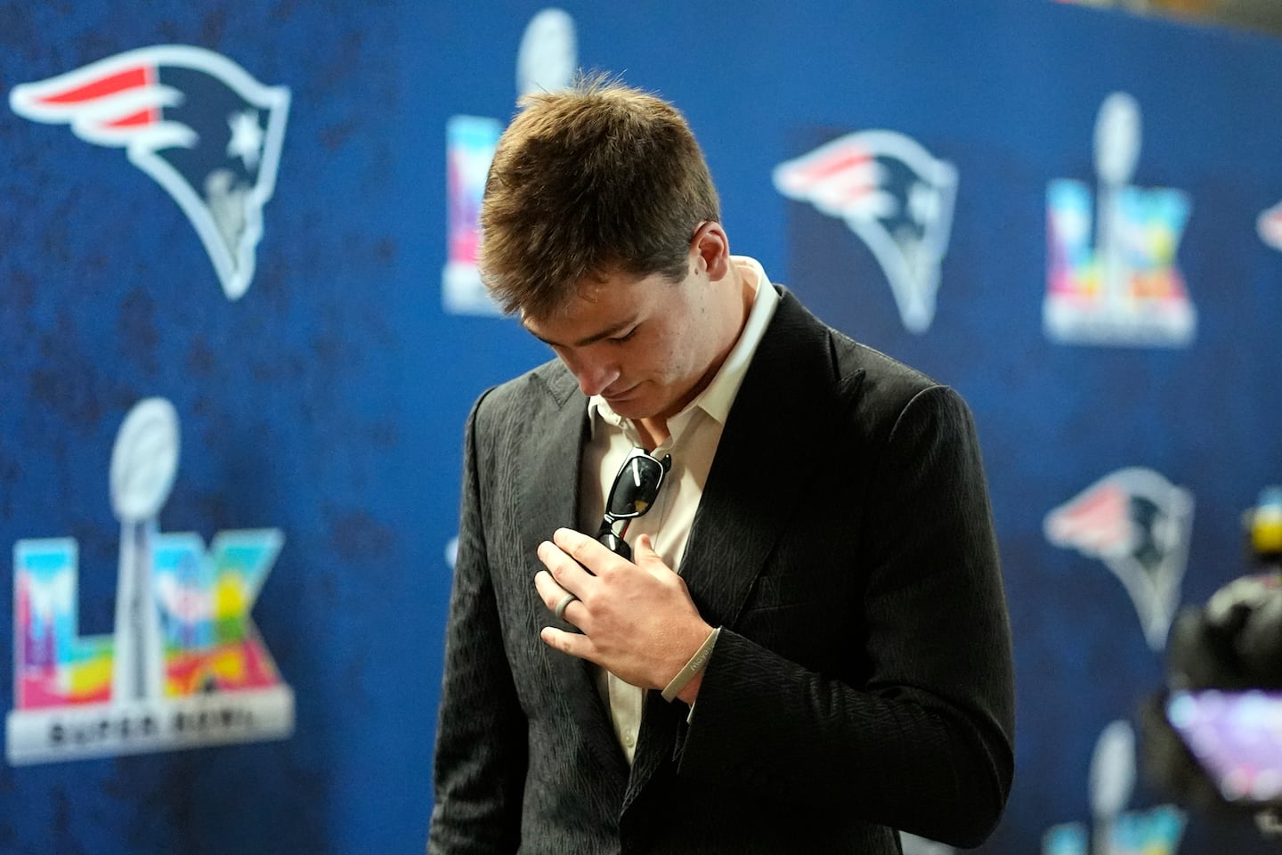 New England Patriots quarterback Drake Maye arrived at the stadium for the NFL Super Bowl 60 football game against the Seattle Seahawks, Sunday in Santa Clara, Calif. 