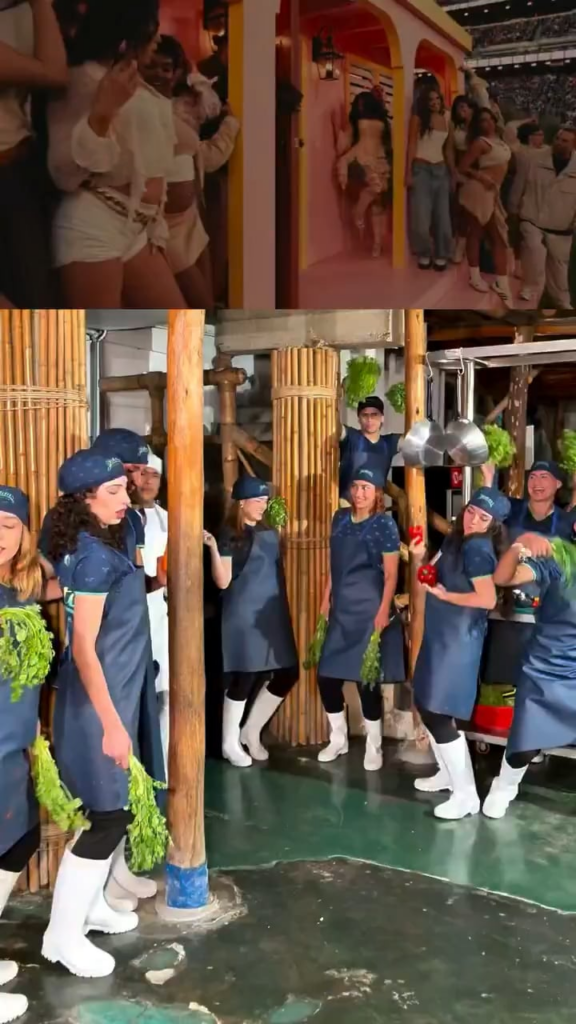 Employees of Las Gaviotas Cevichería in Lima, Peru recreate the Bad Bunny halftime show with vegetables at their restaurant