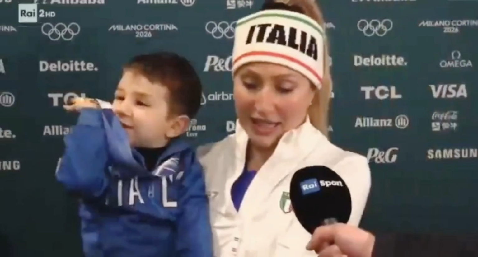Italian speed skater Francesca Lollobrigida wins gold at the Olympics (women’s 3,000-meter race) and her son steals the show during post race interview