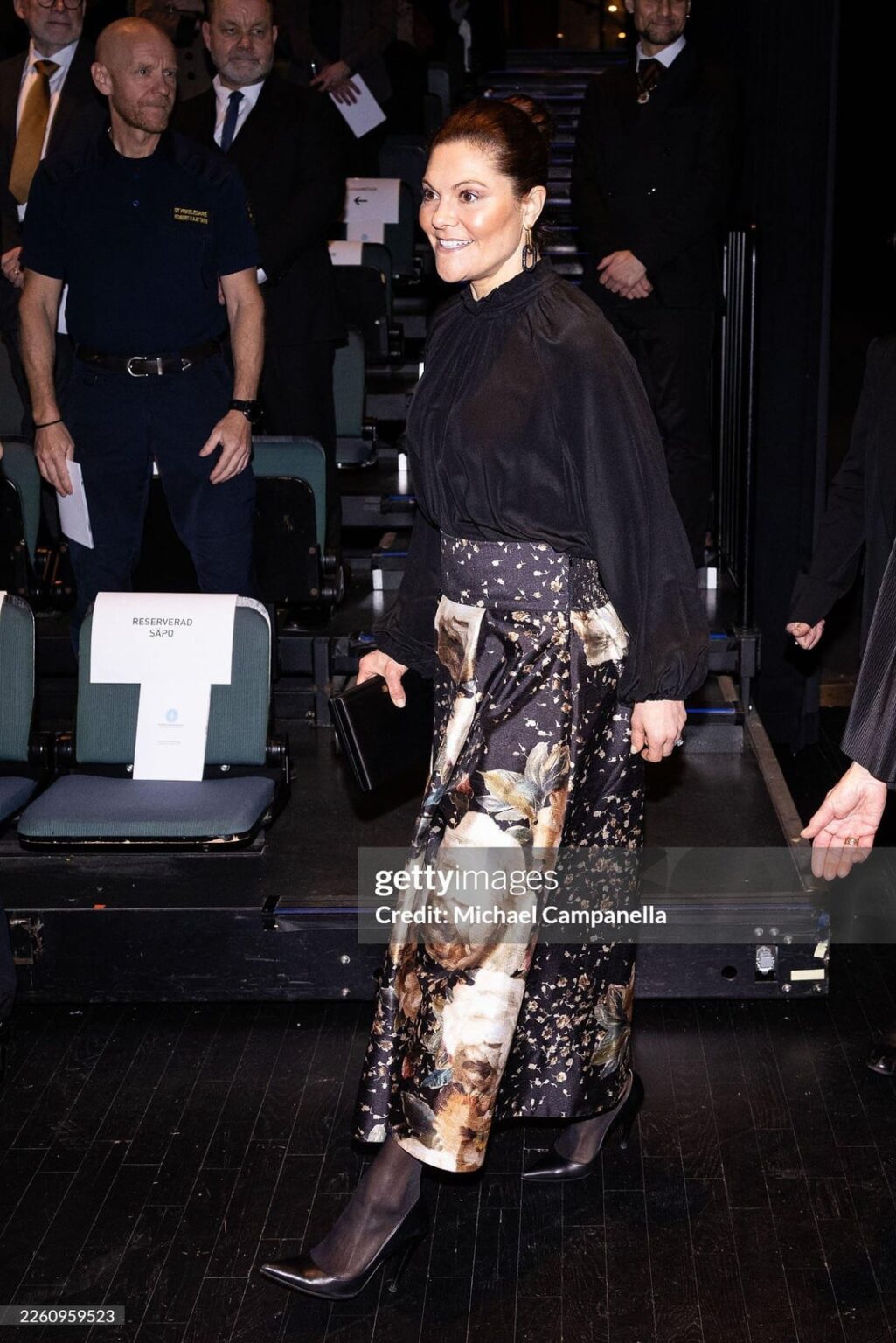 Crown Princess Victoria attended the Royal Academy of Liberal Arts' annual gathering in trendy large scale floral print skirt