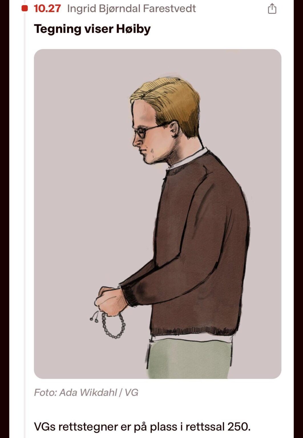 Court drawing of Marius Borg Høiby today, carrying what appears to be a prayer bracelet