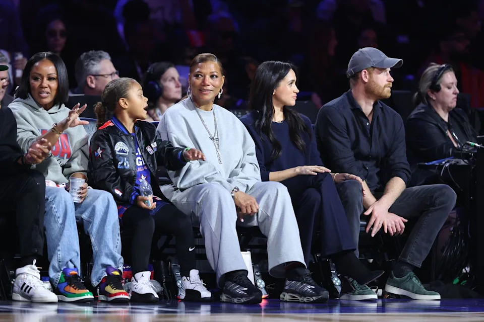 From right: Prince Harry, Meghan Markle, Queen Latifah, her son, Rebel, and her partner, Eboni Nichols, at the NBA All-Star Game on Feb. 15, 2026. Ronald Martinez/Getty
