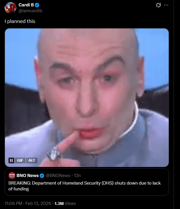 Cardi B trolling the Department of Homeland Security shutting down over lack of funding