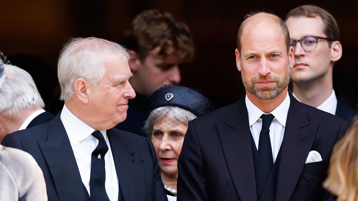 Andrew Mountbatten-Windsor smiling outside a church at Prince William while the prince looks annoyed in a dark suit.