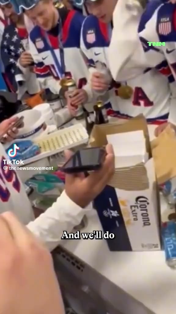 Team USA men's Hockey team laughs as Trump jokes that he has to invite the women's team to the white house or else he'll be impeached.