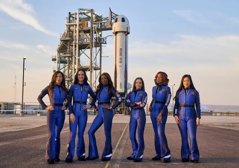 Blue Origin's all-female NS-31 crew - including Katy Perry, Lauren Sanchez and Gayle King - pose with the New Shepard rocket before they were launched to space