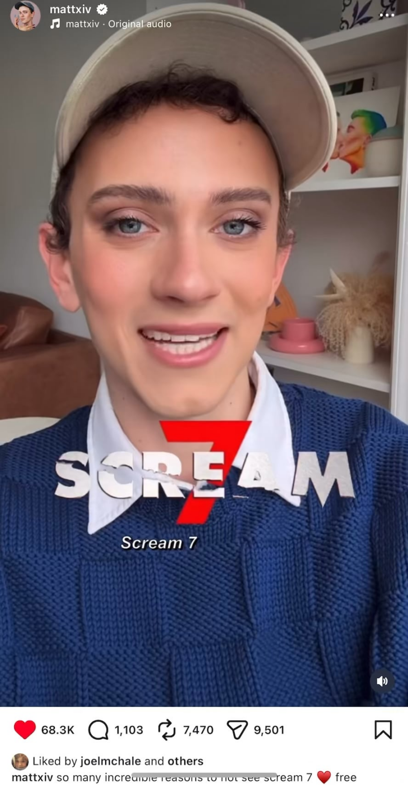 Matt Bernstein calling for people not to see ‘Scream 7’ over the movie’s collaborations with Meta AI and Kalshi as well as dropping Melissa Barrera after she said Israel was committing genocide and ethnic cleansing. Joel McHale, who is in the movie, liked the post.