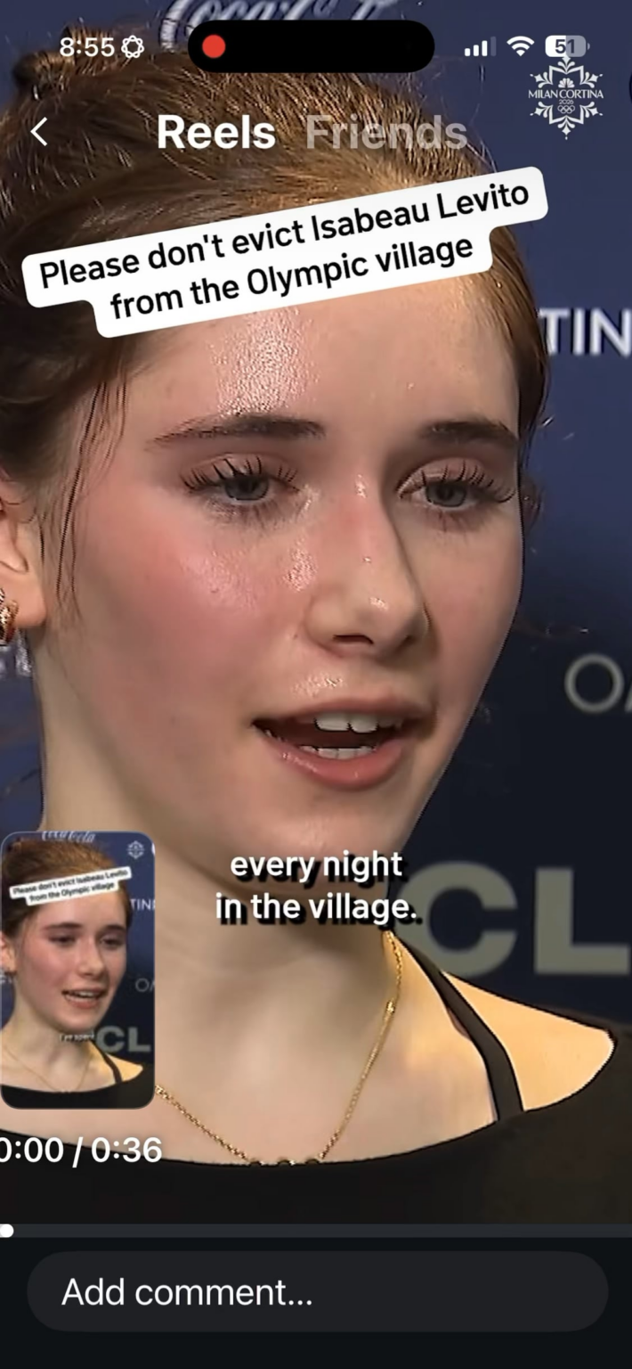 U.S. figure skater Isabeau Levito says she is having the best time in the Olympic village and that she can't be evicted.