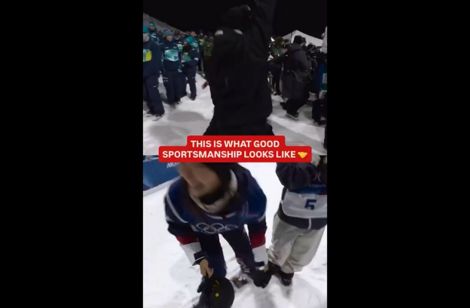 Chloe Kim immediately runs to Gaon Choi to congratulate her after they both competed in Women’s Halfpipe. Chloe and her father, Jong Jin, helped bring Gaon to the U.S to train and have maintained a supportive relationship