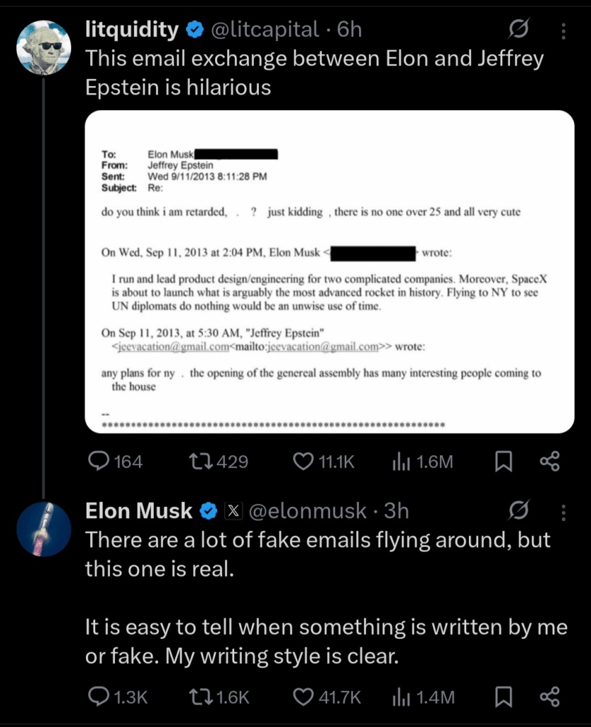 Elon musk's “Response" to his recent development with Epstein.
