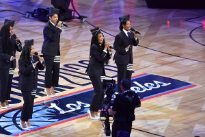INGLEWOOD, CALIFORNIA - FEBRUARY 15: Brandy performs the US National Anthem during the 75th NBA All-Star Game at Intuit Dome on February 15, 2026 in Inglewood, California. NOTE TO USER: User expressly acknowledges and agrees that, by downloading and or using this photograph, User is consenting to the terms and conditions of the Getty Images License Agreement. (Photo by Allen Berezovsky/Getty Images)