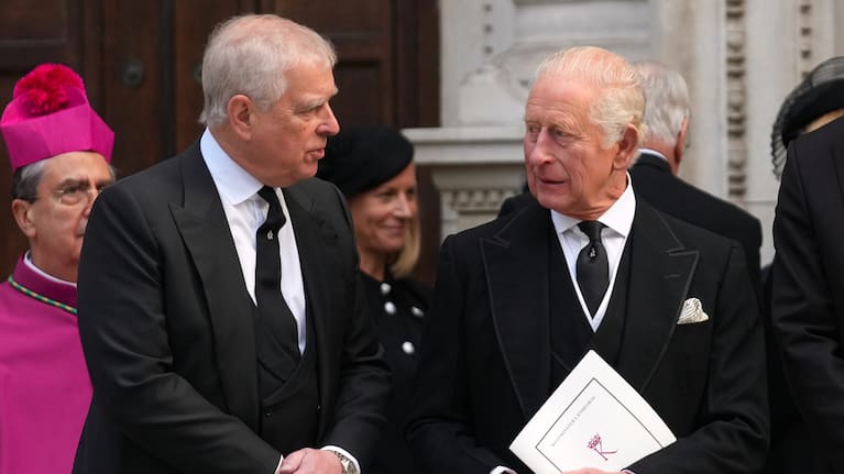Britain's Prince Andrew, left, and Britain's King Charles III leave after the Requiem Mass service for the Duchess of Kent at Westminster Cathedral in London in 2025.