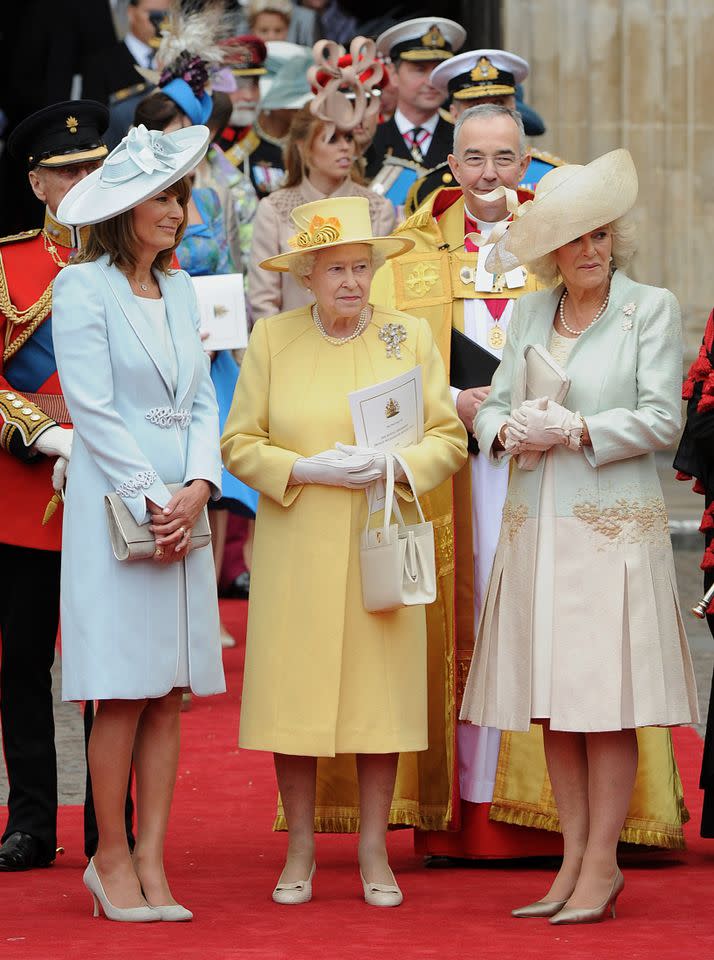 Queen Elizabeth II with Carole Middleton and Camilla, Duchess of Cornwall at Prince William and Kate Middleton's wedding. Getty Images