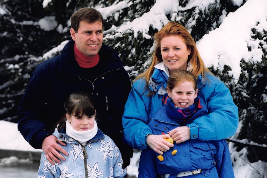 A photo of Andrew, Sarah, Eugenie and Beatrice on holiday in Switzerland in 1999.