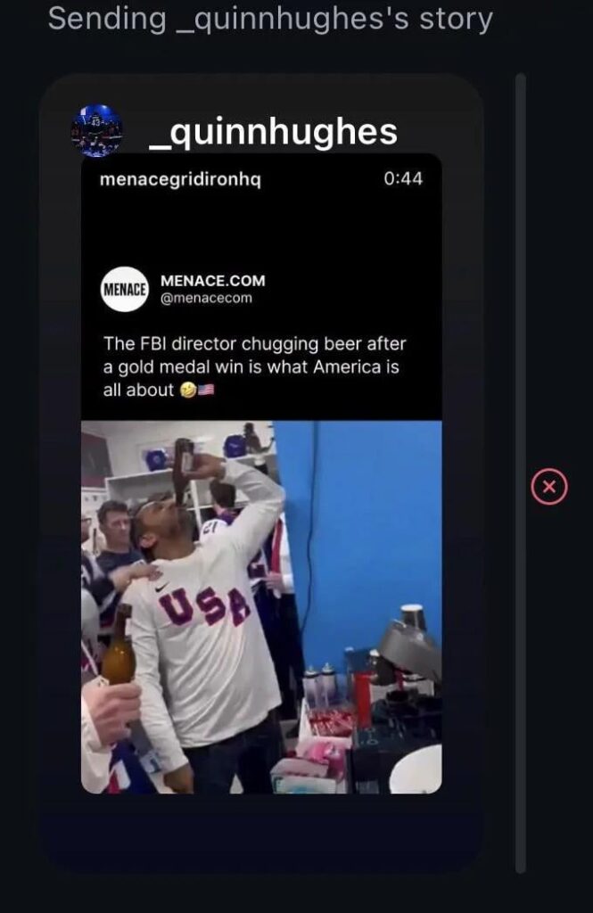 Quinn Hughes Deleted Story: he reposted the clip of Team USA partying with Kash Patel after backlash