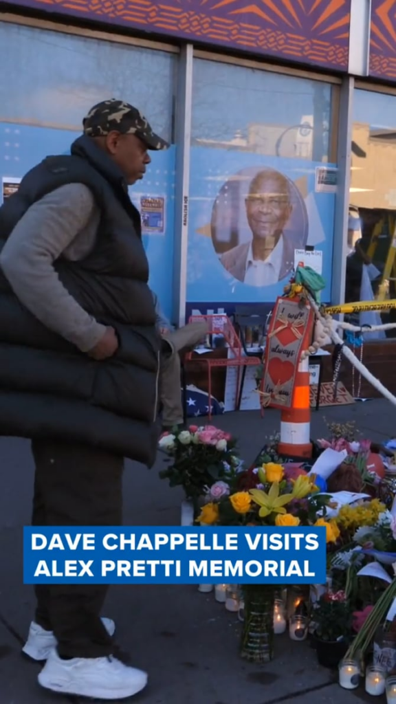 Comedian Dave Chappelle visits Alexi Pretti's memorial in Minneapolis to pay his respects.