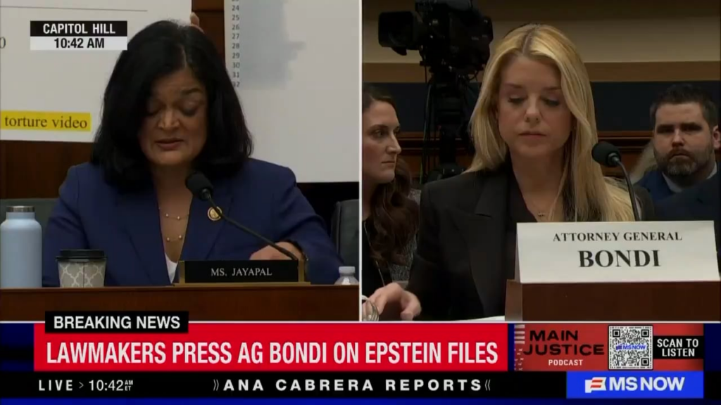 Jayapal asks Epstein survivors in the room to stand and raise their hand if they still haven't been able to meet with Bondi's DOJ. Every single one of them does so. Bondi refuses to apologise and goes on the attack