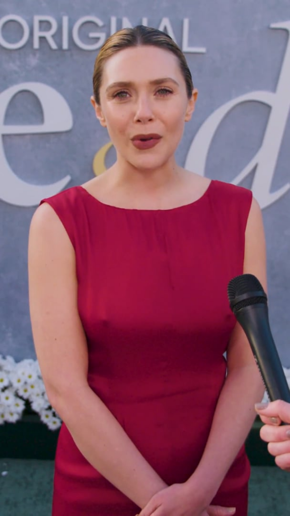 Elizabeth Olsen being interviewed at the LA premiere of Love & Death, 4/26/23