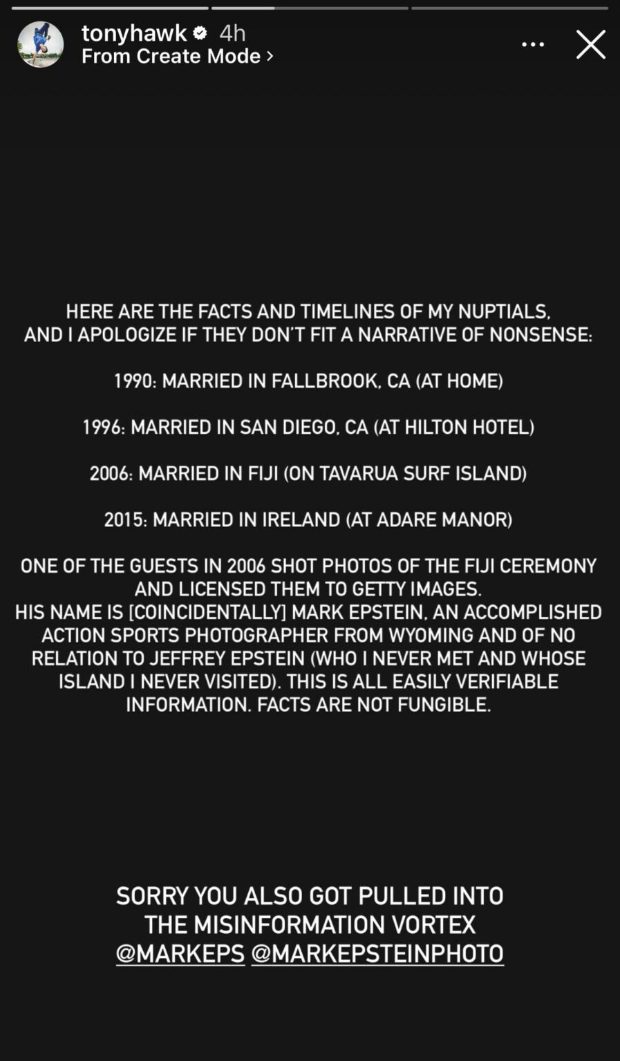 Tony Hawk debunks the viral rumor he had one of his weddings on Epstein's island and Epstein’s brother photographed it.