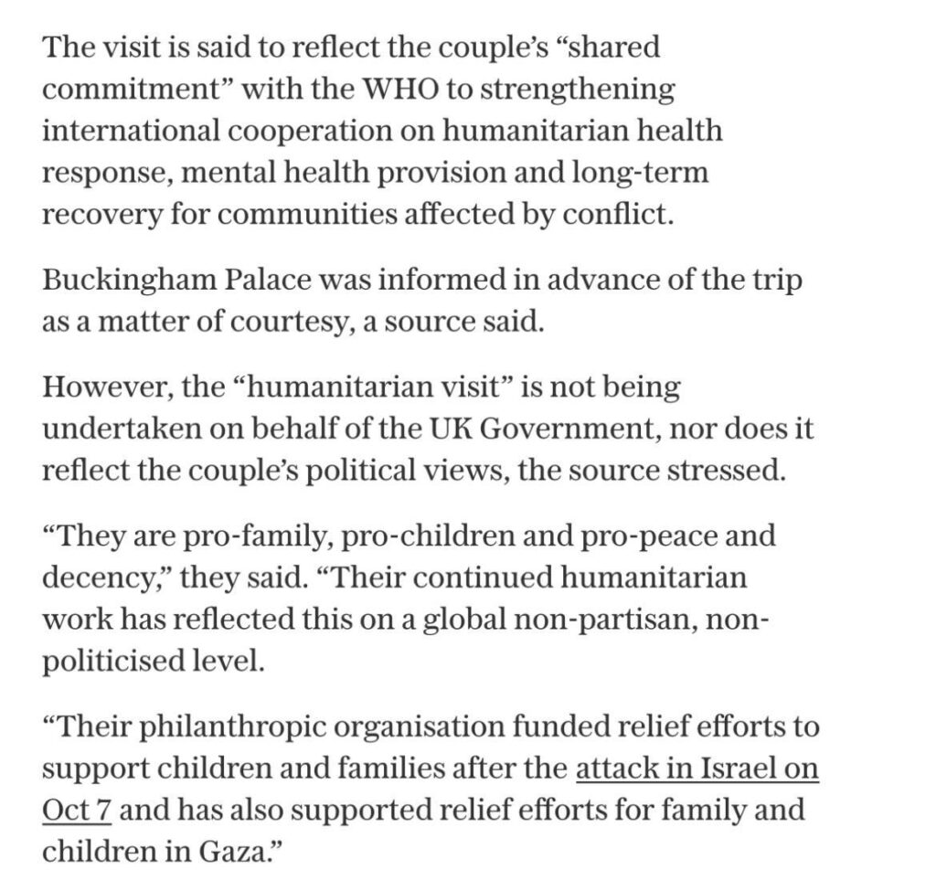 Source close to Meghan and Harry says Jordan trip “does not reflect political views…they are pro children and pro peace and decency” Source close to Meghan and Harry says Jordan trip “does not reflect political views…they are pro children and pro peace and decency”