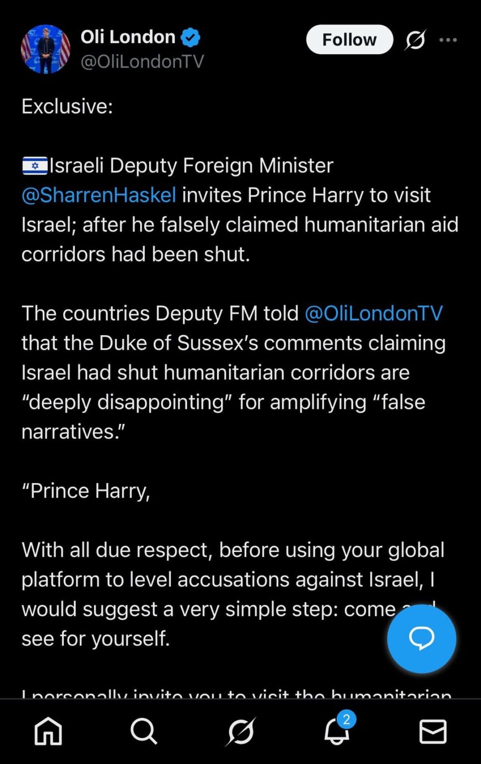 Israel claps back at Prince Harry’s comments that aid corridors to Gaza need to be opened, invites him to visit