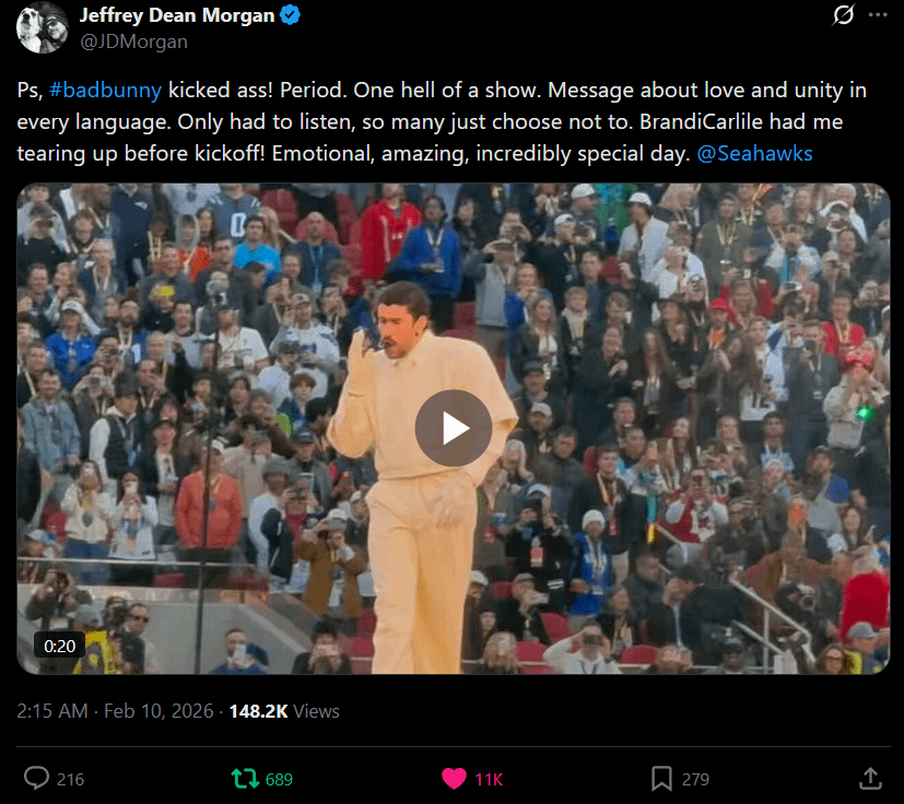 Jeffrey Dean Morgan (Negan from the Walking Dead) Ps, #badbunny kicked ass! Period. One hell of a show. Message about love and unity in every language. Only had to listen, so many just choose not to. BrandiCarlile had me tearing up before kickoff! Emotional, amazing, incredibly special day.