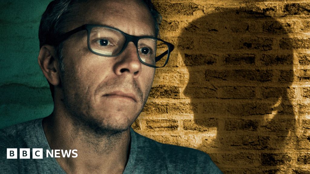 Greg Squire in grey v-neck t-shirt and glasses, next to a treated image of a brick wall and a girl's silhouette