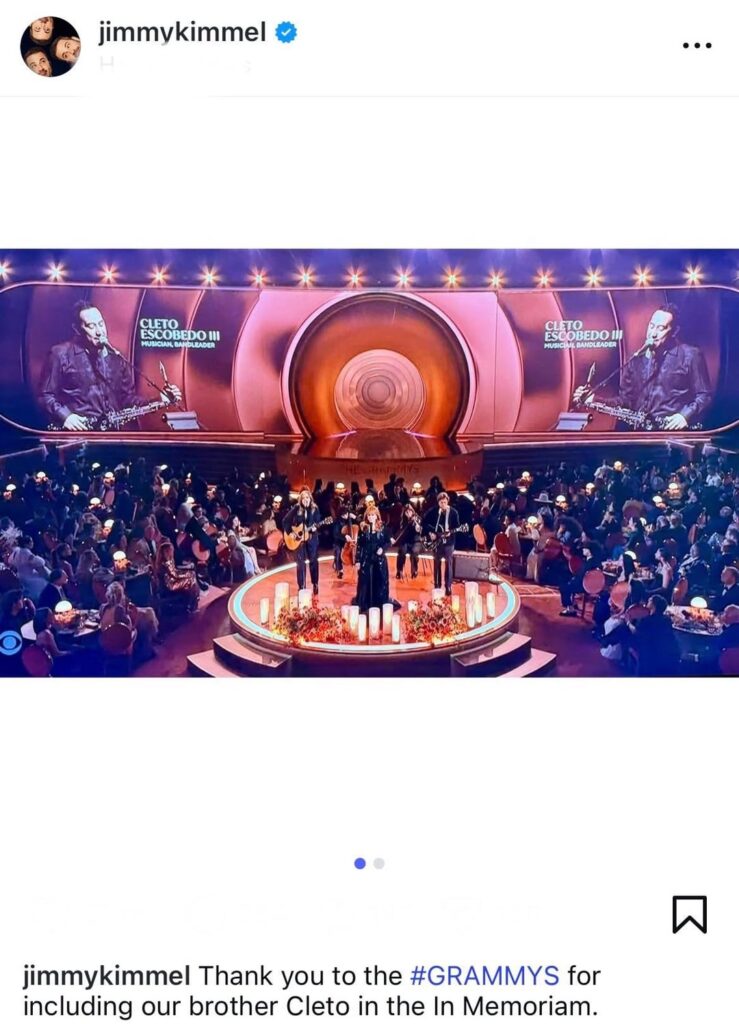 Jimmy Kimmel thanks the Grammys for including his long time friend and bandleader Cleto Escobedo III in the ‘In Memoriam’ section