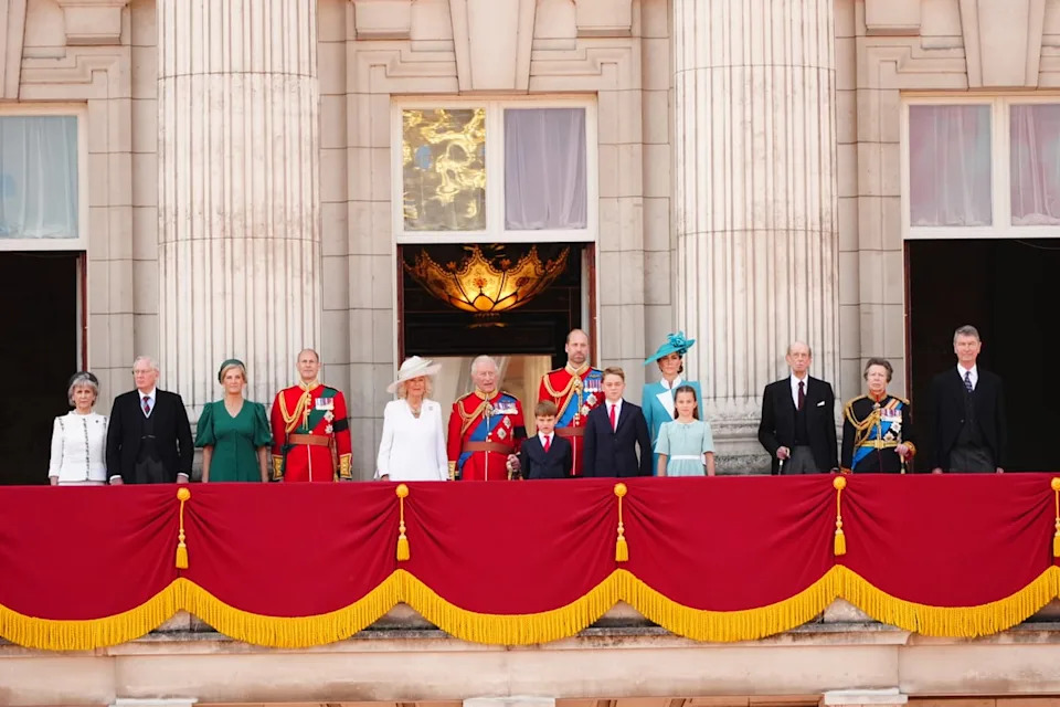 Family reunion: Celebrating the 80th anniversary of the end of the Second World War in Europe, the Royal family gathered on the balcony to marvel in the flypast from the Red Arrows (Aaron Chown/PA) (PA Wire)