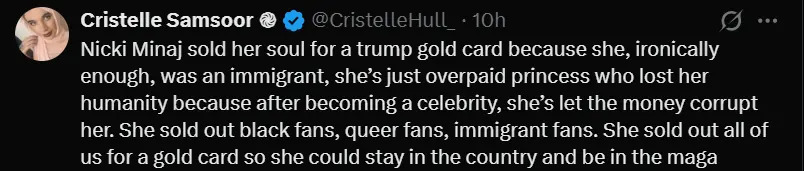 Screenshot from Nicki Minaj's post/X