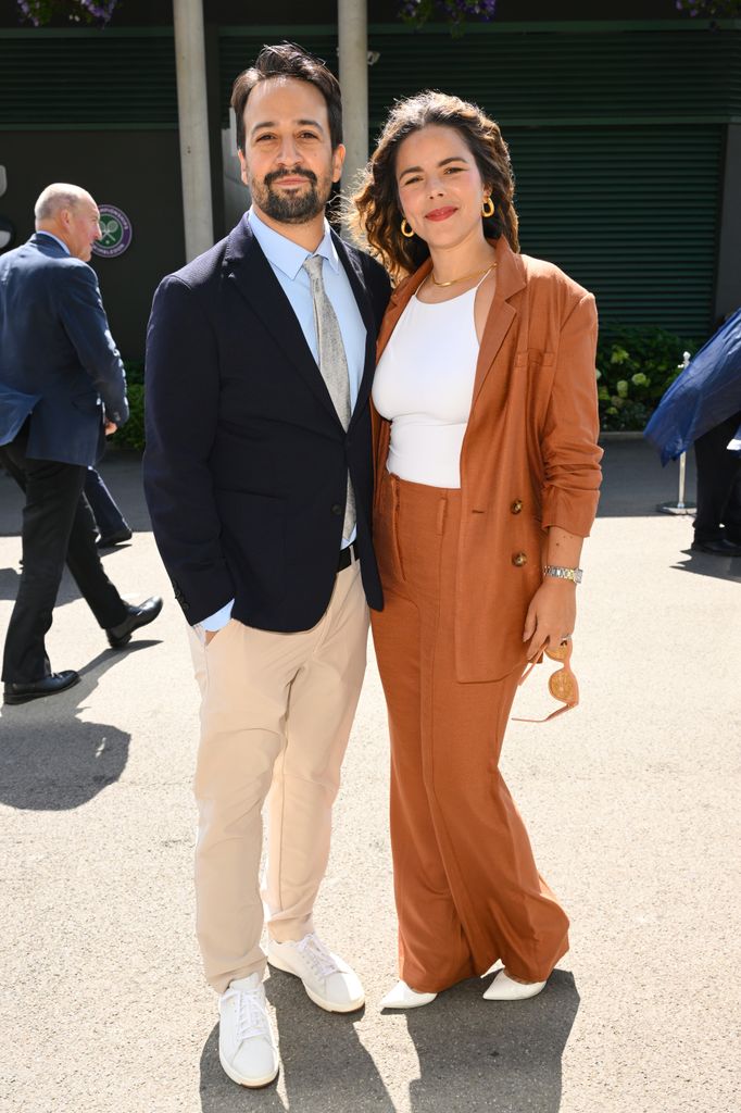 Lin-Manuel Miranda and his wife, lawyer Jelena stand together outside the Wimbledon Tennis Championships.