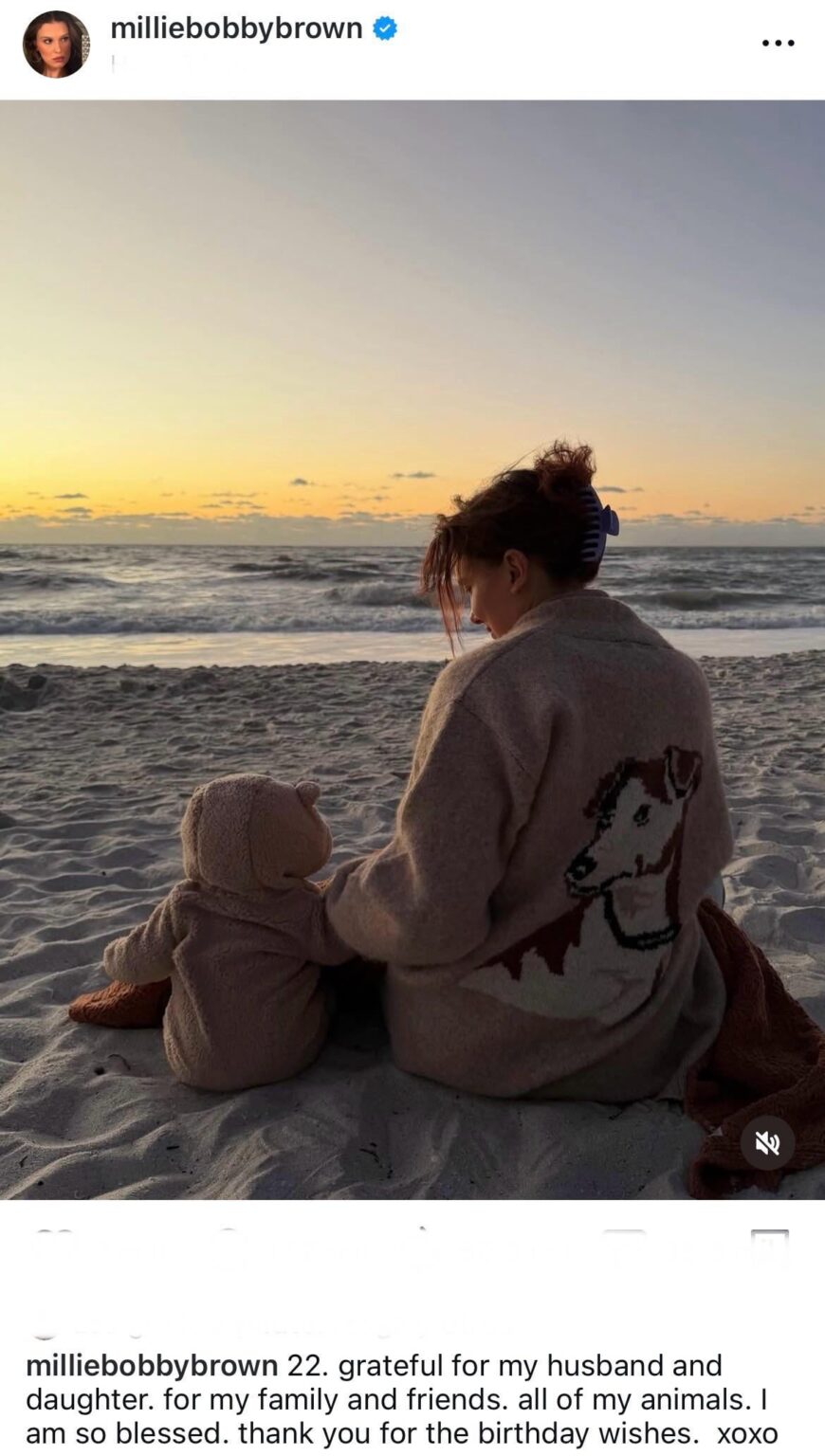 Millie Bobby Brown on Instagram: ‘22. grateful for my husband and daughter. for my family and friends. all of my animals. I am so blessed. thank you for the birthday wishes. xoxo’