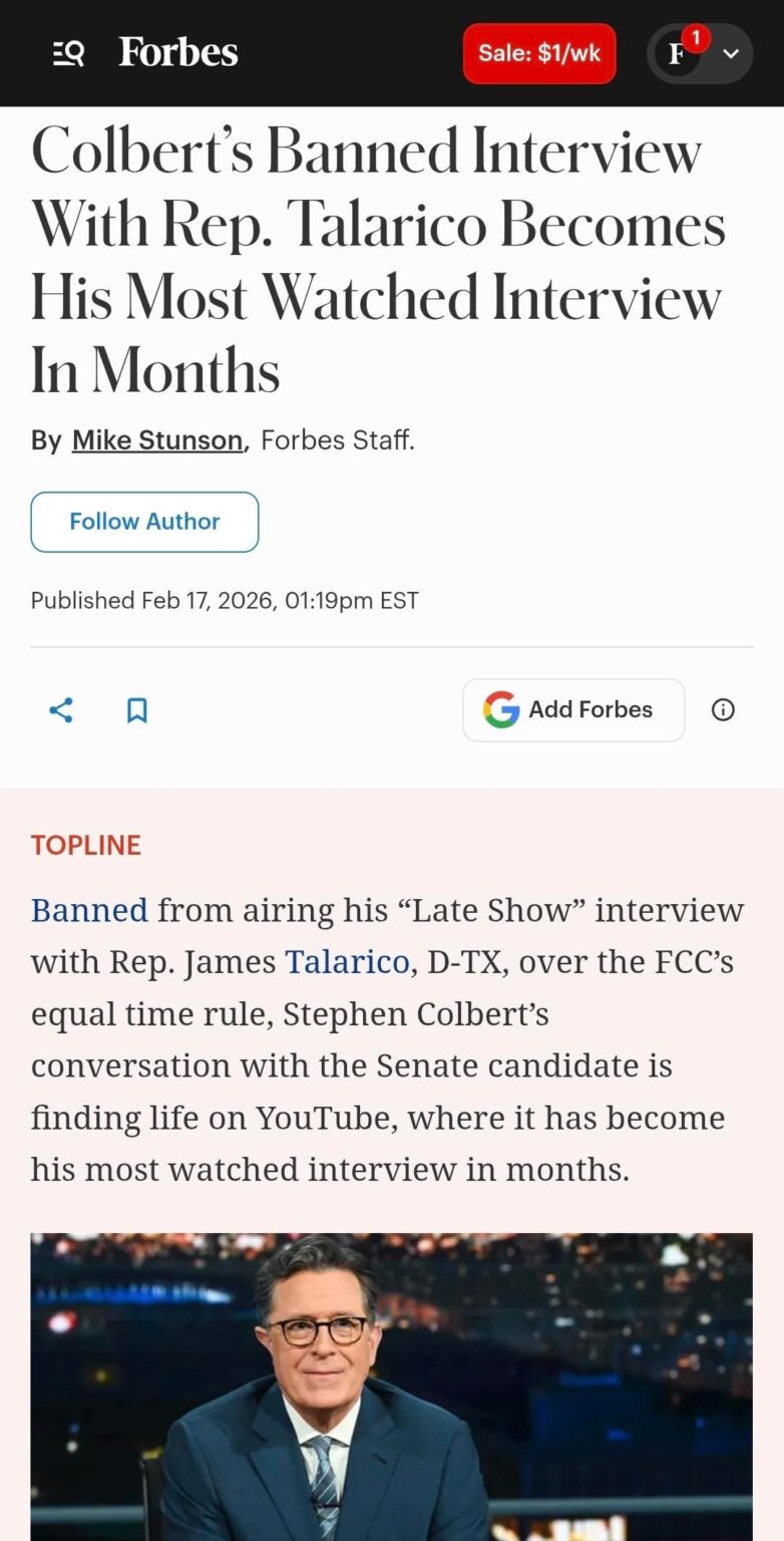 Colbert's Banned Interview With Rep. Talarico Becomes His Most Watched Interview In Months