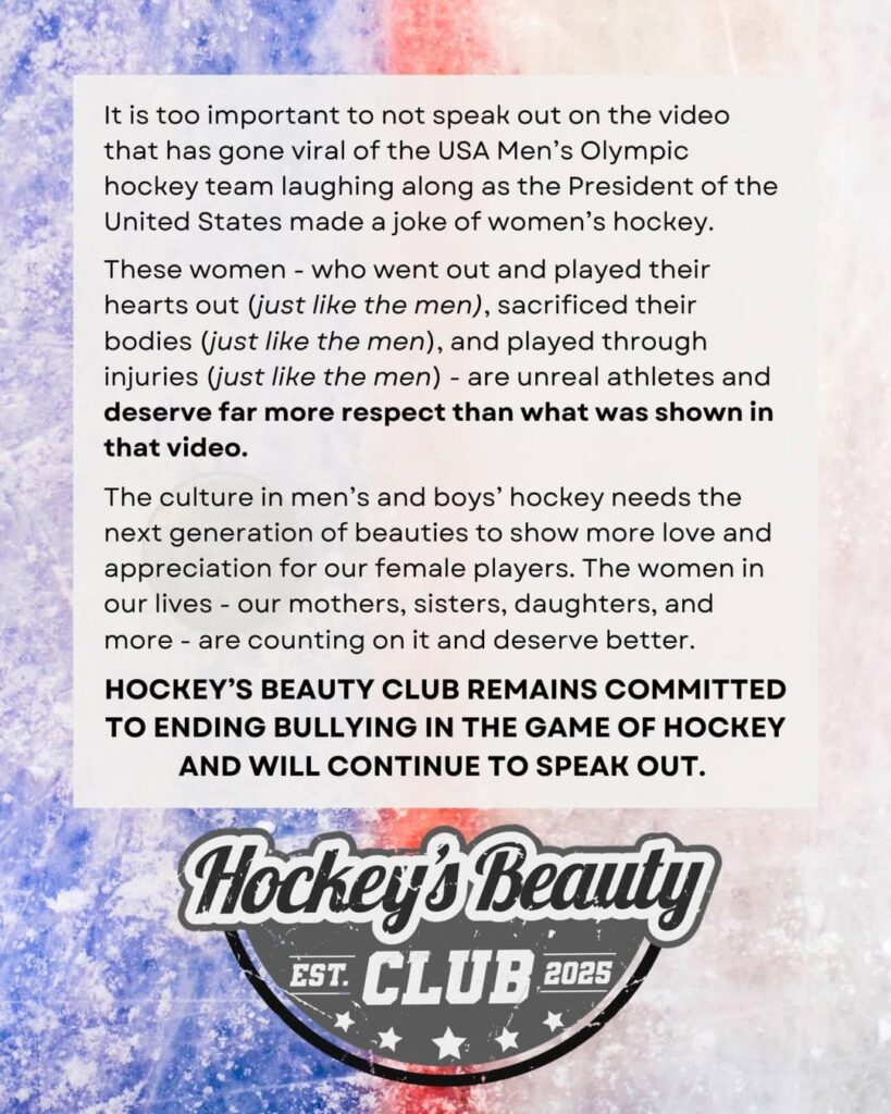 Hockey's Beauty Club (Jon Merrill of the Minnesota Wild's charity org) released a statement on the USA Men's team