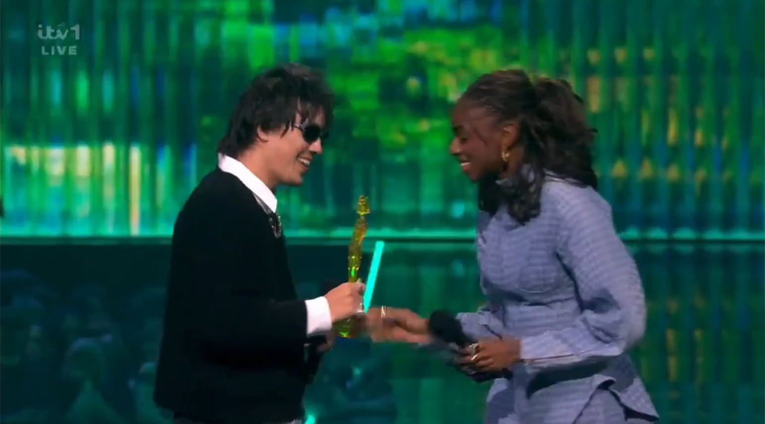 Geese’s Max Bassin gets censored by ITV during Geese's International Group of the Year acceptance speech at the BRITs. His speech was "I just want to say, Free Palestine, Fuck ICE, go Geese!”