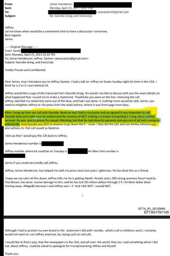 Sarah Ferguson details having discussed with daughter Beatrice the importance of the press not ‘getting it wrong about Jeffrey’ in an email, excuses his ‘sexual offending’