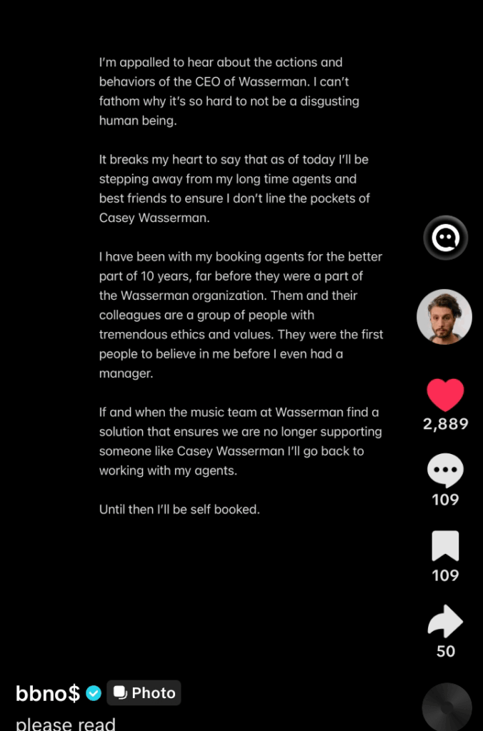 BBno$ steps away from his representation at Wasserman due to its CEO's ties to Epstein