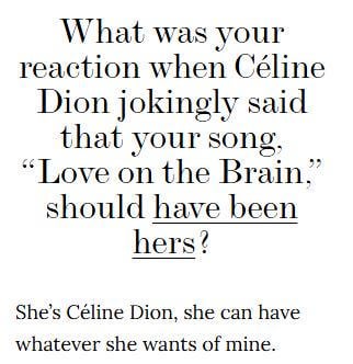 Rihanna's reaction to Céline Dion saying 'Love on the Brain' should have been hers: "She’s Céline Dion, she can have whatever she wants of mine."