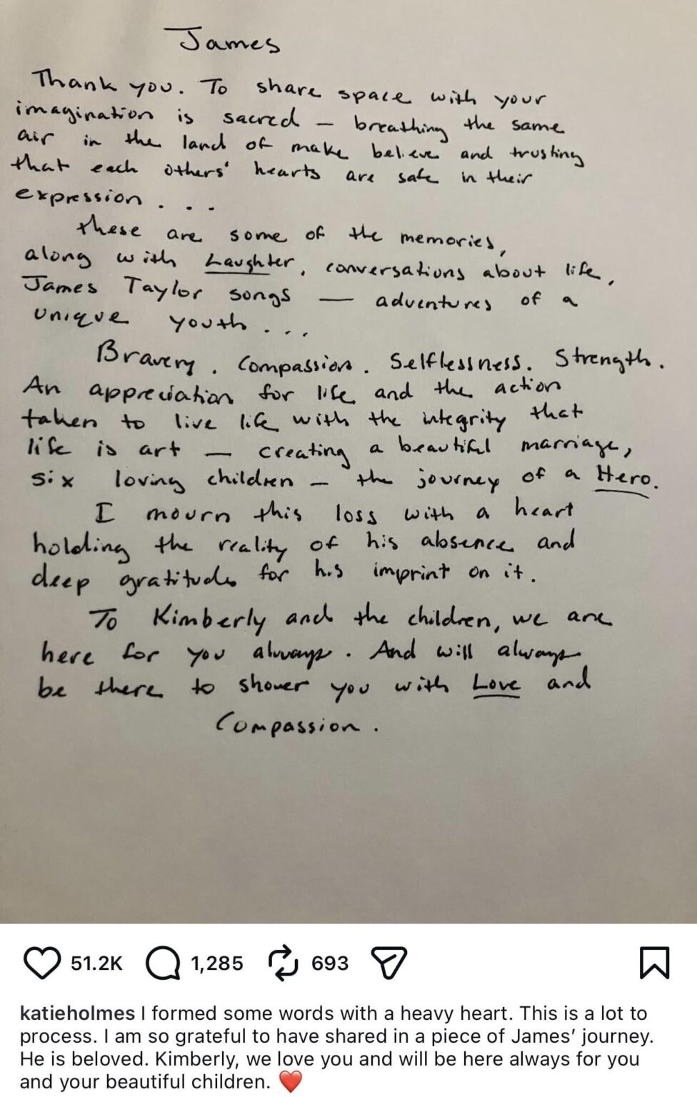 Katie Holmes’ hand written note remembering ‘Dawson’s Creek’ co-star James Van Der Beek