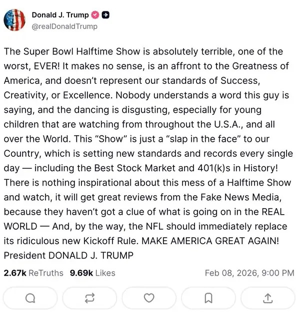A post criticizing the Super Bowl Halftime Show, calling it terrible and un-American. It emphasizes traditional values and media skepticism