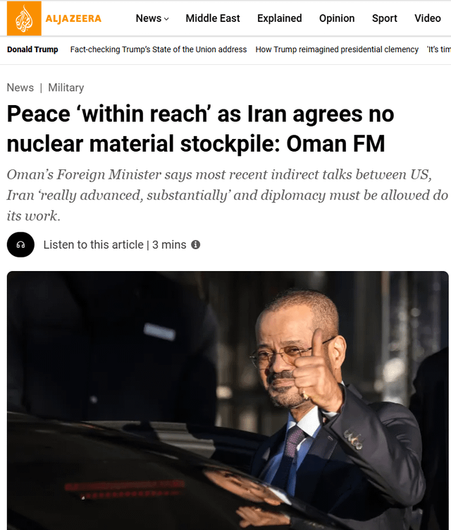 3 hours before Israel and the USA bombed Iran, Al-Jazeera reported that a top diplomatic brokering negotiations between USA and Iran said that Iran had agreed to stop stockpiling enriched uranium and that “a peace deal is within our reach.” 3 hours before Israel and the USA bombed Iran, Al-Jazeera reported that a top diplomatic brokering negotiations between USA and Iran said that Iran had agreed to stop stockpiling enriched uranium and that "a peace deal is within our reach."