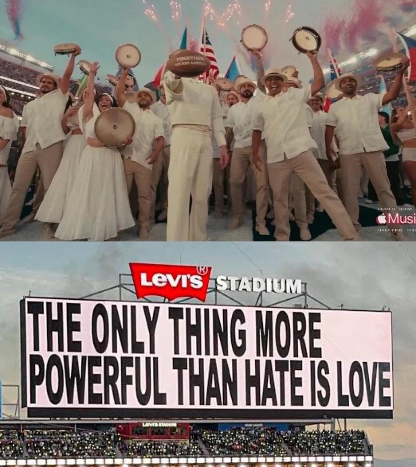 Bad Bunny’s football featured “Together We Are America” along with the screen in the stadium saying “the only thing more powerful than hate is love”